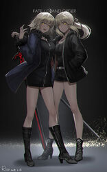  2girls ahoge artoria_pendragon_(fate) black_background black_dress black_ribbon blonde_hair boots breasts cape commentary_request copyright_name cross-laced_footwear dress fate/grand_order fate_(series) full_body fur-trimmed_cape fur_collar fur_trim hair_bun high_heel_boots high_heels highres jacket jeanne_d&#039;arc_alter_(fate) jeanne_d&#039;arc_alter_(ver._shinjuku_1999)_(fate) knee_boots lace-up_boots large_breasts medium_breasts multiple_girls official_alternate_costume open_clothes open_jacket open_mouth ribbon rico_ebr saber_alter short_hair single_hair_bun sword tsurime weapon white_hair yellow_eyes 