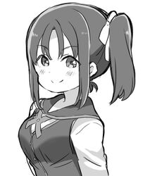  &gt;:) blush commentary_request female greyscale hair_ribbon kazuno_sarah love_live! love_live!_sunshine!! mezashi_(mezamashi_set) monochrome neck_ribbon ribbon school_uniform seisen_school_uniform side_ponytail sidelocks simple_background solo upper_body v-shaped_eyebrows white_background 