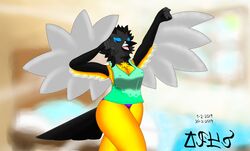  2019 5_fingers absurd_res anthro avian beak big_breasts biped bird black_body black_feathers breasts closed_eyes clothing digital_drawing_(artwork) digital_media_(artwork) feathered_wings feathers female fingers hair hi_res icterid jose-497 latina messy_hair miranda_marcano new_world_oriole nipple_outline nipples non-mammal_breasts open_mouth oscine panties passerine solo stretching tail tail_feathers thick_thighs tongue underwear venezuelan_troupial wide_hips winged_arms wings yawn yellow_body yellow_feathers 