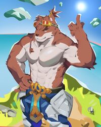  2019 5_fingers abs anthro armor belt biceps black_nose blue_bottomwear blue_clothing bottomwear braided_hair brown_body brown_eyebrows brown_fur brown_hair canid canine cartuja clothed clothing digital_media_(artwork) epic7 eyebrows eyewear eyewear_on_head featureless_chest fingers fur gesture goggles goggles_on_head hair hand_gesture hand_on_hip hi_res hydaus legwear looking_at_viewer male mammal muscular muscular_anthro muscular_male outside pecs pointing pointing_up ponytail red_eyes sky solo topless white_body white_fur 