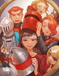  1boy 4girls :d :o akaneko_(redakanekocat) armor bandaged_head bandages blonde_hair brown_eyes brown_hair chainmail commentary_request earrings elf eyepatch gram_(pixiv_fantasia_last_saga) grida_(pixiv_fantasia_last_saga) hair_over_one_eye helmet highres jewelry looking_at_viewer mikoto_(pixiv_fantasia_last_saga) mirror mouse_(animal) multiple_girls nara_(pixiv_fantasia_last_saga) open_mouth orange_hair pink_eyes pixiv_fantasia pixiv_fantasia_last_saga pointy_ears red_armor red_hair rudia_of_the_moon_smile short_hair smile thick_eyebrows unworn_headwear unworn_helmet 