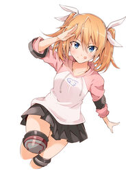  :q bibi02 black_skirt blonde_hair blue_eyes blush collarbone cowboy_shot cropped_legs elbow_pads female hair_between_eyes hair_ornament hair_ribbon highres hood hoodie knee_pads medium_hair original pleated_skirt ribbon salute simple_background skirt solo suzume_(bibi) tongue tongue_out white_background white_ribbon 