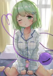  ;o barefoot blush breasts chaha collarbone commentary_request curtains feet_out_of_frame female green_eyes green_hair hair_ornament hairclip heart heart_of_string highres indoors komeiji_koishi long_sleeves looking_at_viewer nightshirt no_headwear no_pants one_eye_closed pajamas panties parted_lips pillow pink_panties plaid plaid_pajamas plaid_shirt polka_dot polka_dot_panties shirt short_hair sitting small_breasts solo thighs third_eye touhou underwear wariza 