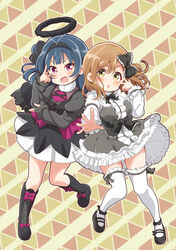  2girls :d :o ankle_strap black_bow black_dress black_footwear black_hair black_halo black_ribbon black_wings blue_hair blush boots bow bowtie brown_hair center_frills commentary_request dark_halo dress earrings fake_halo fake_wings frilled_bow frilled_dress frilled_legwear frilled_shirt_collar frills full_body fur_collar gothic_lolita hair_bun hairband hairbow halo highres jewelry kunikida_hanamaru lolita_fashion long_hair long_sleeves looking_at_viewer love_live! love_live!_sunshine!! mary_janes mezashi_(mezamashi_set) multiple_girls oerba_yun_fang open_mouth outline petticoat pink_bow purple_eyes ribbon shoes single_side_bun smile thighhighs tsushima_yoshiko v-shaped_eyebrows v_over_eye white_outline wings yellow_eyes 