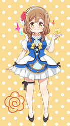  alternate_hairstyle black_footwear black_ribbon blush braid brown_eyes brown_hair commentary_request dress female flower frilled_sleeves frills full_body hair_flower hair_ornament hairband hand_up highres kunikida_hanamaru leg_ribbon long_hair looking_at_viewer love_live! love_live!_sunshine!! mezashi_(mezamashi_set) neck_ribbon orange_background polka_dot polka_dot_background red_flower ribbon short_sleeves smile solo sparkle standing star_(symbol) thigh_ribbon twin_braids water_blue_new_world yellow_eyes yellow_ribbon 