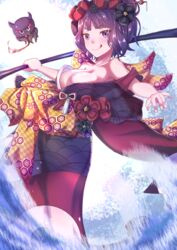  :q blunt_bangs breasts cleavage collarbone commentary_request fate/grand_order fate_(series) female hair_ornament hairpin highres holding japanese_clothes katsushika_hokusai_(fate) kimono leaning_forward medium_breasts nail_polish obi pixiv_fate/grand_order_contest_2 purple_eyes purple_hair sash shiny_skin short_hair standing tapioka_(oekakitapioka) tokitarou_(fate) tongue tongue_out white_nails 