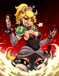  1boy bangs black_dress black_earrings blonde_hair bowsette bracelet breasts bridal_gauntlets cleavage collar dated dress earrings eyebrows_visible_through_hair facial_hair female giantess highres holding horns jewelry licking_lips long_hair mario mario_(series) moustache nail_polish new_super_mario_bros._u_deluxe nintendo parted_lips pointy_ears ponytail ravenousruss red_eyes red_headwear saliva sharp_teeth shoulder_pads smile smoke sparkle spiked_bracelet spiked_collar spiked_tail spiked_thighlet spikes strapless strapless_dress super_crown tail teeth thighlet tongue tongue_out white_nails 