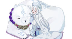  :d ainu_clothes bear closed_eyes coat commentary_request fate/grand_order fate_(series) female fur-trimmed_legwear fur_trim gina_61324 grey_thighhighs hair_between_eyes hat highres illyasviel_von_einzbern long_hair long_sleeves open_mouth print_coat print_headwear shirou_(bear)_(fate) simple_background sitonai_(fate) sitonai_(third_ascension)_(fate) sitting smile solo thighhighs very_long_hair white_background white_coat white_hair white_hat 