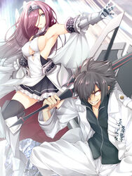  1boy armor armpits black_legwear black_shirt blue_eyes breasts brown_hair center_opening cloak closed_mouth commentary_request cover cover_page cutout_above_navel dress eleanor_(kujibiki_tokushou:_musou_harem-ken) expressionless eyes_visible_through_hair female floating_hair gauntlets greaves grin headpiece highres holding holding_sword holding_weapon jacket kujibiki_tokushou:_musou_harem-ken large_breasts long_hair long_sleeves looking_at_viewer looking_away luna_lia nana_kanou novel_cover novel_illustration official_art outstretched_arm pants petticoat purple_hair shirt sideboob sleeveless sleeveless_dress smile squatting sword thighhighs weapon white_cloak white_jacket white_pants yuuki_kakeru 