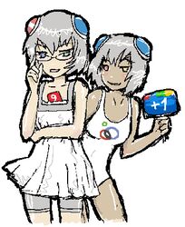  2girls bad_google+_id bad_id bike_shorts commentary dark-skinned_female dark_skin dual_persona english_commentary glasses google+ grey_hair heterochromia jaggy_lines lowres multiple_girls personification short_hair simple_background skirt swimsuit valkorn white_background 