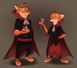  2019 anthro barefoot black_nose canid canine cape clothed clothing container countershade_face countershade_fur countershading cup digital_media_(artwork) disney drinking_glass duo fangs feet fox fur gideon_grey glass glass_container glass_cup hindpaw male mammal nick_wilde paws red_eyes red_fox rin_tyan shaded simple_background standing teeth true_fox vampire wine_glass zootopia 