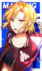  animal_print bang_dream! black_shirt blonde_hair blue_background character_name collarbone commentary_request crop_top drumsticks female jacket kongya looking_at_viewer open_mouth rabbit_print red_jacket sato_masuki shirt short_hair solo sweat track_jacket upper_body v-shaped_eyebrows yellow_eyes 