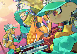  1boy 2girls aerospray_(splatoon) aqua_gloves baseball_cap blue_eyes chromatic_aberration closed_mouth cloud commentary_request dynamo_roller_(splatoon) elbow_gloves frown gloves hat holding hydra_splatling_(splatoon) inkling inkling_girl inkling_player_character kirikuchi_riku lifebuoy long_hair multiple_girls octoling octoling_boy octoling_player_character orange_hair orange_overalls orange_sky outdoors overalls pointy_ears red_eyes rubber_gloves salmon_run_(splatoon) short_hair sky smile splatoon_(series) splatoon_2 swim_ring tentacle_hair yellow_eyes 