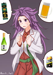  alcohol anti_(untea9) beer blouse commentary_request dress_shirt female gradient_background hakama hakama_pants highres japanese_clothes jun&#039;you_(kancolle) jun&#039;you_kai_ni_(kancolle) kantai_collection long_hair looking_down magatama pants photoshop_(medium) purple_background purple_eyes purple_hair red_hakama red_pants red_shirt sake shirt shouchuu_(drink) simple_background solo spiked_hair strong_zero twitter_username 