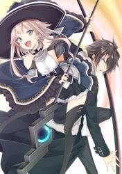  1boy aqua_eyes armored_skirt back-to-back black_jacket black_legwear black_pants blush breasts brown_hair choker collarplate commentary_request cover cover_page detached_sleeves eleanor_(kujibiki_tokushou:_musou_harem-ken) female floating_hair frilled_sleeves frills fur_collar grin hat high-waist_skirt highres holding holding_staff holding_sword holding_weapon io_akos jacket kujibiki_tokushou:_musou_harem-ken leaning_forward light_brown_hair long_hair long_sleeves looking_at_viewer luna_lia medium_breasts novel_cover novel_illustration official_art pants petticoat shirt sidelocks skirt sleeveless sleeveless_shirt smile staff sword thighhighs weapon wide_sleeves witch_hat yuuki_kakeru 