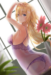  adjusting_hair ass ayakawa_riku blonde_hair blue_eyes blush breasts commentary_request fate/apocrypha fate/grand_order fate_(series) female flower jeanne_d&#039;arc_(fate) jeanne_d&#039;arc_(ruler)_(fate) lingerie long_hair looking_at_viewer looking_back medium_breasts nightgown panties purple_nightgown purple_panties see-through smile solo twitter_username underwear window 