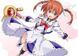  :d bibi02 black_socks blush boots brown_hair commentary_request dress female ferret floating_clothes looking_at_viewer lyrical_nanoha mahou_shoujo_lyrical_nanoha open_mouth purple_eyes raising_heart raising_heart_(device_mode) sidelocks smile socks takamachi_nanoha takamachi_nanoha_(original_mode) twintails white_dress yuuno_scrya 