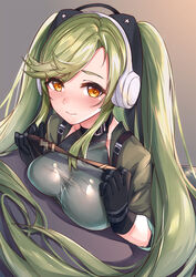  black_gloves blush bobo_(6630978) breast_press breasts brown_background brown_eyes commentary_request female girls&#039;_frontline gloves gradient_background green_hair green_jacket grey_background headphones holding jacket long_hair looking_at_viewer magal_(girls&#039;_frontline) medium_breasts photoshop_(medium) short_sleeves solo twintails very_long_hair 