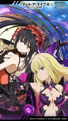  2girls aiz_wallenstein armor armored_dress asymmetrical_hair bare_shoulders black_gloves black_hair blonde_hair breasts cleavage clock_eyes closed_mouth commentary_request copyright_name cosplay crossover date_a_live dress dungeon_ni_deai_wo_motomeru_no_wa_machigatteiru_darou_ka gloves gothic_lolita gun hairband heterochromia highres holding holding_gun holding_sword holding_weapon lolita_fashion lolita_hairband long_hair medium_breasts multiple_girls official_art parted_lips red_eyes smile sword symbol-shaped_pupils tokisaki_kurumi twintails weapon yatogami_tenka yatogami_tenka_(cosplay) yatogami_tooka yellow_eyes 