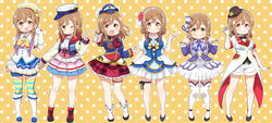  &gt;:) 6+girls :d alternate_hairstyle ankle_strap aozora_jumping_heart ascot black_bow black_bowtie black_footwear black_headwear black_ribbon blue_bow blue_headwear blue_jacket blue_neckwear blue_shorts blush boots bow bowtie braid brown_eyes brown_hair clenched_hand coattails collared_shirt commentary_request corset double_v dress earrings elbow_gloves female_service_cap flower frilled_sleeves frills full_body gloves hair_flower hair_ornament hairband hairbow hand_up happy_party_train hat hat_flower hat_ribbon jacket jewelry kunikida_hanamaru leg_ribbon long_hair long_sleeves looking_at_viewer love_live! love_live!_sunshine!! mezashi_(mezamashi_set) miniskirt mirai_ticket multiple_girls multiple_views neck_ribbon neckerchief open_mouth orange_background pendant plaid plaid_bow plaid_neckwear plaid_skirt pleated_skirt pointing pointing_at_self polka_dot polka_dot_background raglan_sleeves red_ascot red_bow red_flower red_footwear red_skirt ribbon sailor_collar shell_hair_ornament shirt short_shorts short_sleeves shorts shorts_under_skirt single_elbow_glove single_glove skirt smile socks standing star_(symbol) striped_clothes striped_jacket striped_thighhighs suit_jacket thigh_ribbon thighhighs traditional_bowtie twin_braids v v-shaped_eyebrows water_blue_new_world white_footwear white_gloves white_headwear white_legwear white_shorts white_skirt yellow_bow yellow_bowtie yellow_eyes yellow_flower yellow_ribbon 