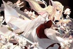  blonde_hair blurry blurry_background braid commentary_request dark_background detached_sleeves falia_the_queen_of_the_mountains female flower grey_eyes headpiece highres long_hair photoshop_(medium) pixiv_fantasia pixiv_fantasia_last_saga pointy_ears skade solo standing sword twin_braids very_long_hair weapon white_flower 