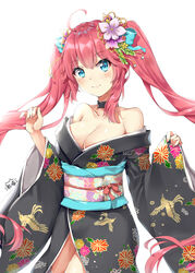  absurdres ahoge bare_shoulders black_choker black_kimono blue_bow blue_eyes blush bow breasts choker cleavage closed_mouth collarbone commentary_request female floral_print flower hair_between_eyes hair_flower hair_ornament hairbow head_tilt highres japanese_clothes kimono large_breasts long_hair long_sleeves obi off_shoulder pink_hair print_kimono purple_flower sash signature simple_background smile solo suspenders taihou_(warship_girls_r) twintails warship_girls_r white_background wide_sleeves zhudacaimiao 