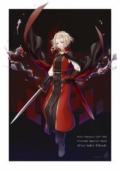  alice_lahti_elkzede black_cape black_footwear black_gloves blonde_hair blue_eyes cape character_name circlet commentary_request copyright_name dated female full_body gloves highres holding holding_sword holding_weapon kouya looking_at_viewer pixiv_fantasia pixiv_fantasia_last_saga red_cape sheath short_hair simple_background solo standing sword weapon 