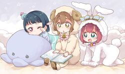  3girls :d :o aged_down all_fours animal_costume animal_hood aqua_eyes bell blue_hair book bow bowtie brown_hair bun_cover commentary_request cosplay frilled_pillow frills hairbow hood hood_up izumi_kirifu jellyfish_costume kigurumi kunikida_hanamaru kurosawa_ruby lolicon long_sleeves love_live! love_live!_sunshine!! multiple_girls neck_bell one_eye_closed open_book open_mouth pillow pink_bow pink_bowtie purple_eyes rabbit_costume rabbit_hood rabbit_tail reading red_hair rubbing_eyes sheep_costume sheep_hood short_hair sitting smile striped_bow striped_bowtie striped_clothes stuffed_animal stuffed_octopus stuffed_toy tail tsushima_yoshiko yellow_eyes 