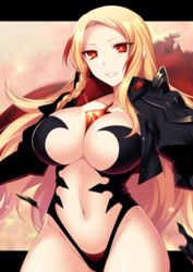  blonde_hair braid breasts cleavage commentary_request female gem glint konshin large_breasts long_hair looking_at_viewer multicolored_hair navel outdoors parted_lips pixiv_fantasia pixiv_fantasia_last_saga red_eyes red_hair standing streaked_hair vackenbale very_long_hair 