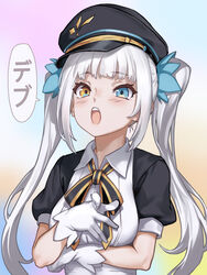  as109 blue_eyes blush breasts check_translation commentary female gloves hat heterochromia highres kagura_mea md5_mismatch multicolored_eyes paryi_project photoshop_(medium) pointing solo teeth translation_request twintails virtual_youtuber white_gloves white_hair yellow_eyes 