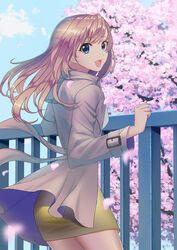  :d blonde_hair blue_eyes blue_sky blurry blurry_foreground cherry_blossoms coat commentary_request cowboy_shot day female floating_hair grey_coat long_hair long_sleeves looking_at_viewer miniskirt open_clothes open_coat open_mouth original outdoors pencil_skirt petals shirt skirt sky smile solo standing sterilizedgauze-qhx white_shirt yellow_skirt 