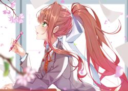  artist_name blurry blurry_foreground brown_hair character_name cherry_blossoms commentary doki_doki_literature_club english_commentary english_text female green_eyes hair_ribbon highres long_hair long_sleeves monika_(doki_doki_literature_club) paper pen petals ponytail profile ribbon school_uniform solo white_ribbon xhunzei 