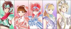  5girls armor bandana black_tank_top blonde_hair blue_eyes blue_neckwear blunt_bangs boobplate breastplate brown_eyes brown_hair cassiopeia_elda china_dress chinese_clothes clenched_hand commentary_request corona_borealis_katya delphinus_mii double_bun dress equuleus_shoko gauntlets gradient_background green_eyes hair_between_eyes hair_bun hairband headpiece highres lisa_(lisa_lisa_life) long_hair looking_at_viewer multiple_girls pauldrons red_bandana red_hair saint_seiya saint_seiya_saintia_sho scarf short_hair shoulder_armor sleeveless smile tank_top upper_body ursa_minor_ling_xiaoling very_long_hair white_dress white_scarf 