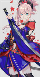  asymmetrical_hair black_thighhighs blue_eyes blue_kimono blue_sleeves commentary_request cowboy_shot detached_sleeves fate/grand_order fate_(series) female gina_61324 grey_background grey_hair hair_between_eyes hair_ornament highres holding holding_sword holding_weapon japanese_clothes katana kimono long_hair long_sleeves looking_at_viewer midriff miyamoto_musashi_(fate) miyamoto_musashi_(third_ascension)_(fate) navel print_sleeves short_kimono side_ponytail simple_background sleeveless sleeveless_kimono smile solo standing stomach sword thighhighs weapon 