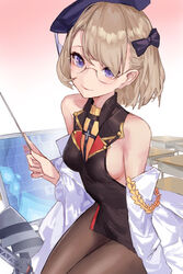  absurdres azur_lane bare_shoulders black_dress bow breasts brown_hair brown_pantyhose commentary_request cowboy_shot dress female glasses hairbow hat highres looking_at_viewer messikid off_shoulder official_alternate_costume pantyhose photoshop_(medium) purple_eyes short_dress short_hair sideboob sitting small_breasts smile solo z23_(azur_lane) z23_(philosophy_sensei)_(azur_lane) 