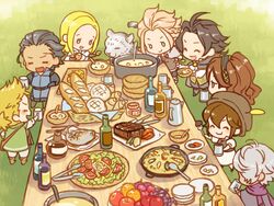  alfyn_(octopath_traveler) animal bag blonde_hair bracelet braid braided_ponytail brown_hair chibi cloak cyrus_(octopath_traveler) dancer dress esaka food fringe_trim fur_trim gloves green_eyes h&#039;aanit_(octopath_traveler) hat jewelry linde_(octopath_traveler) long_hair multiple_boys multiple_girls necklace octopath_traveler olberic_eisenberg open_mouth ophilia_(octopath_traveler) ponytail primrose_azelhart short_hair smile snow_leopard table therion_(octopath_traveler) tressa_(octopath_traveler) 