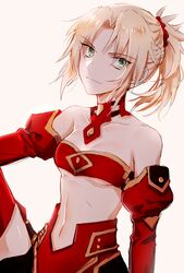  armor bare_shoulders blonde_hair braid breasts collarbone commentary_request detached_sleeves fate/apocrypha fate_(series) female green_eyes hair_ornament long_hair looking_at_viewer mordred_(fate) mordred_(fate/apocrypha) navel noru_(lila2) parted_bangs ponytail red_scrunchie red_sleeves scrunchie simple_background small_breasts smile solo white_background 