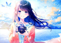  beach black_hair blue_dress blue_sky blush braid brand_name_imitation brown_jacket camera canon_(company) cloud cloudy_sky commentary day dress female fingernails floating_hair floral_print glint grin head_tilt holding holding_camera jacket kashiwabara_en lake long_hair long_sleeves looking_at_viewer mountain open_clothes open_jacket original outdoors print_dress purple_eyes revision sand sky smile solo upper_body watch water wristwatch 