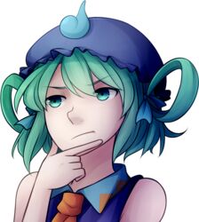  :/ :t aqua_eyes aqua_hair bare_shoulders blue_collar blue_dress blue_hat blue_ribbon closed_mouth collar collared_dress dress eyelashes female frilled_hat frills hair_ornament hair_ribbon hair_rings hand_on_own_chin hand_up hat hitodama light_blush looking_afar meme mob_cap necktie orange_necktie parody parted_bangs rachel_the_temple_maid ribbon short_hair sleeveless sleeveless_dress solo speckticuls thinking touaoii_(touhou) touhou transparent_background upper_body 