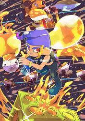  1boy autobomb_(splatoon) back-to-back bike_shorts black_footwear black_pants blue_hair boots bubble bubble_blower_(splatoon) clenched_teeth commentary_request female headgear inkjet_(splatoon) inkling inkling_girl inkling_player_character jetpack kirikuchi_riku long_hair mohawk navel octoling octoling_boy octoling_player_character octoshot_(splatoon) orange_hair outline paint pants red_eyes short_hair single_vertical_stripe splatoon_(series) splatoon_2 splatoon_2:_octo_expansion squidbeak_splatoon suction_cups teeth tenta_missiles_(splatoon) v-shaped_eyebrows white_outline zipper 