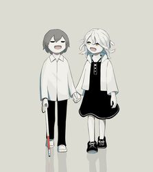  1boy :d avogado6 black_dress blind cane commentary dress female grey_background hair_between_eyes holding_hands limited_palette looking_at_another muted_color open_mouth original shirt short_hair simple_background smile snake_hair walking white_cane white_shirt yellow_eyes 