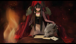  bad_id bad_pixiv_id black_hair breasts cloak commentary_request dakineko dark_background dress envelope female fire highres leslie_the_moon_queen letter long_hair multicolored_hair pixiv_fantasia pixiv_fantasia_last_saga red_cloak red_eyes small_breasts solo sword table two-tone_hair very_long_hair weapon white_dress white_hair wolf 