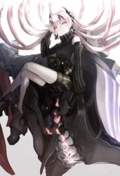  abyssal_crane_princess abyssal_ship bad_id bad_pixiv_id black_gloves colored_skin detached_sleeves earrings feet_out_of_frame female gloves glowing glowing_eyes hair_between_eyes highres horns japanese_clothes jewelry kantai_collection long_hair machinery red_eyes sitting solo twintails weasel_(close-to-the-edge) white_hair white_skin 