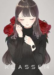  bad_id bad_pixiv_id black_sweater brown_hair closed_eyes commentary earrings english_commentary facing_viewer female flower grey_background hands_up highres jewelry klasse14 long_hair long_sleeves mole mole_under_eye original parted_lips red_flower red_rose ribbed_sweater rose shii_(kairi-t-k0317) simple_background solo sweater turtleneck turtleneck_sweater upper_body watch wristwatch 