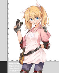  :d arm_behind_back bag belt belt_bag bibi02 black_belt blonde_hair blue_eyes blue_legwear blush character_name collarbone commentary_request cowboy_shot denim elbow_pads english_text female fingerless_gloves glock gloves gun hair_between_eyes hair_ornament hairband hand_up handgun highres holding holding_gun holding_weapon hood hoodie jeans looking_at_viewer medium_hair open_mouth original pants simple_background smile solo suzume_(bibi) teeth twintails typo upper_teeth_only weapon yellow_bag 