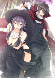  1boy arms_under_breasts bangle bare_shoulders black_dress black_headwear blush bracelet breasts brown_hair cleavage cloak cocktail_dress collarbone commentary_request cover cover_page delfina_homer_lamanry dress eleanor_(kujibiki_tokushou:_musou_harem-ken) female folding_fan grey_pants grin groin hair_between_eyes hand_fan hat highres holding holding_fan holding_sword holding_weapon huge_breasts jewelry kujibiki_tokushou:_musou_harem-ken leaning_forward long_hair long_sleeves looking_at_viewer luna_lia necklace novel_cover novel_illustration official_art pants purple_eyes purple_hair red_cloak see-through side_slit sidelocks skindentation smile sword vest weapon yellow_eyes yuuki_kakeru 