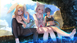  3girls absurd_res big_breasts black_body black_legwear black_shirt black_topwear blonde_hair blue_eyes blue_hair blush bodysuit braid breast_tattoo breasts brown_eyes cat_ears catgirl cave choker cleavage core_crystal denim denim_shorts eunie_(xenoblade) feet female female_only highres jean_shorts kashiwamochi_yomogi large_breasts legs_in_water legwear long_hair looking_at_viewer medium_breasts mio_(xenoblade) nintendo ponytail pool sena_(xenoblade) short_hair shorts side_ponytail silver_hair skirt small_breasts smile sparkling sports_bra tank_top tattoo thick_thighs thighs water wet white_shirt white_skirt white_topwear wings xenoblade_(series) xenoblade_chronicles_3 yellow_eyes 