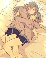  2girls aqua_hair bang_dream! bare_legs barefoot bed blush brown_sweater closed_eyes commentary_request hand_on_another&#039;s_head hikawa_hina hikawa_sayo hood hood_down hooded_sweater hug long_hair lying mikan-uji multiple_girls mutual_hug pillow short_hair siblings sisters sleeping sweater twins yellow_eyes 