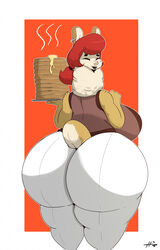  anthro ass big_breasts big_butt black_lips bottomwear breasts camelid closed_eyes clothed clothing ear_piercing ear_ring female fluffy food fully_clothed hair hi_res holding_plate huge_butt lips llama llama_mama_(thehoneybutter) long_neck looking_back mammal markings mature_female mole_(marking) neck_tuft pancake pants piercing rear_view red_hair ring_piercing short_tail smile solo standing tail thehoneybutter thick_thighs tight_clothing tuft 