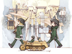  2girls aqua_eyes black_eyes black_hair blonde_hair calligraphy_brush calligraphy_brush_(medium) chito_(shoujo_shuumatsu_ryokou) combat_helmet commentary_request creature driving from_side fur_trim gun helmet hi_fumiyo highres kettenkrad military military_uniform moon multiple_girls mushroom nib_pen_(medium) nuko_(shoujo_shuumatsu_ryokou) paintbrush painting_(medium) photoshop_(medium) radio rifle robot shoujo_shuumatsu_ryokou stahlhelm statue traditional_media twintails uniform walking watercolor_(medium) weapon yuuri_(shoujo_shuumatsu_ryokou) 